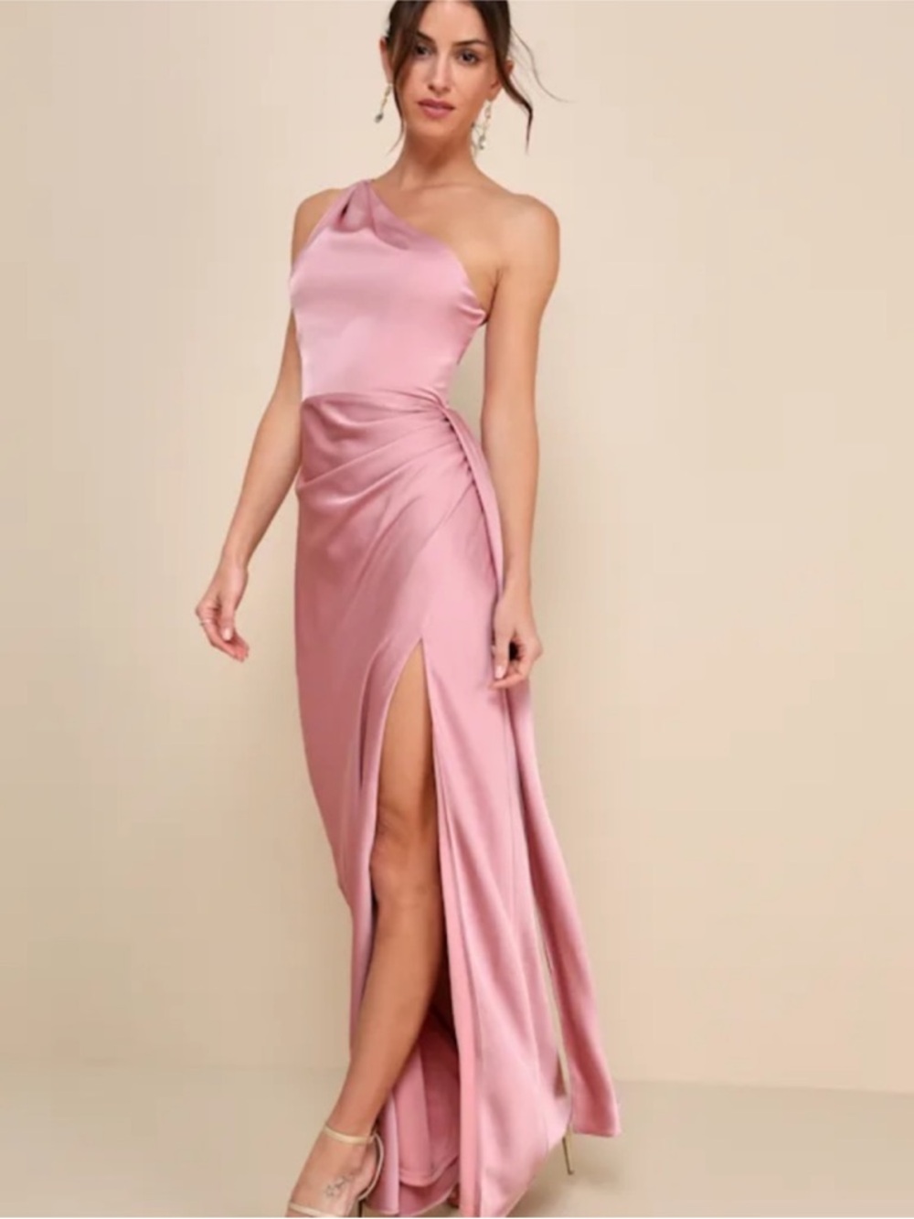 New Lulus Signature Elegance 
One-Shoulder Pink Satin  Evening Dress Sz Large - Picture 6 of 8